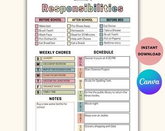 Kids Daily School Checklist, Responsibility Chart, To Do List, Editable Chore Chart, Printable PDF, Daily Routine, Homeschool Planner