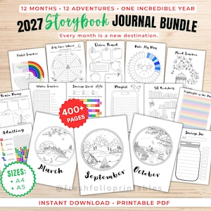 Puede incluir: Un conjunto de diario Storybook 2027 en PDF imprimible con más de 400 páginas de rastreadores y temas mensuales. Incluye páginas para seguimiento de hábitos, agua, estado de ánimo y ahorros, además de ilustraciones mensuales para marzo, septiembre y octubre.