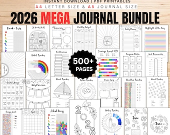 2026 MEGA-dagboekbundel, afdrukbare dagboekplanner, Bullet Journal maandelijkse jaarlijkse trackers, stemming, gewoonte, lezen, A4 en A5, digitale download