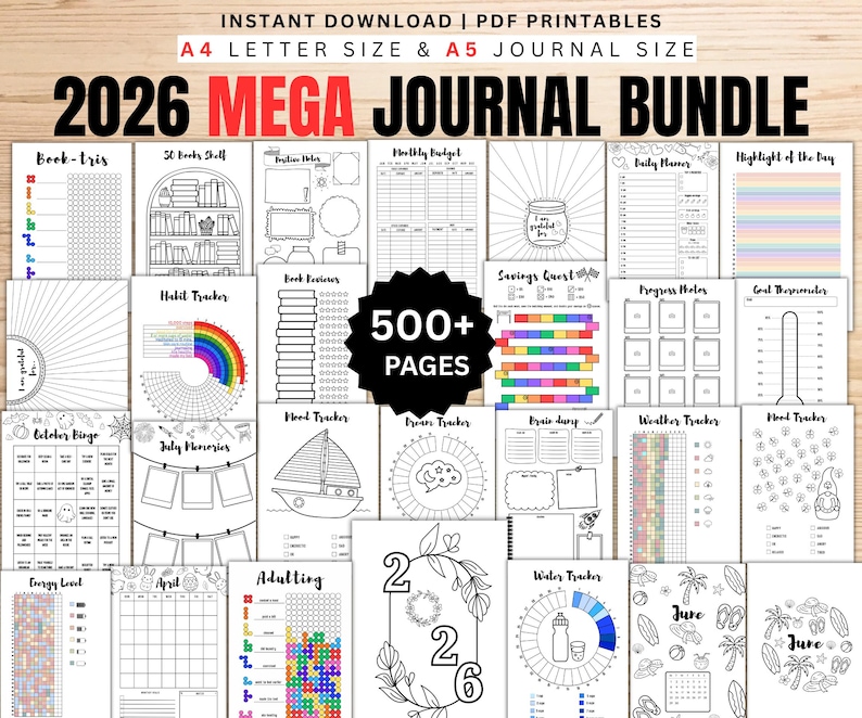 2026 MEGA Journal bundle, Printable Journal Planner, Bullet Journal monthly yearly trackers, Mood, Habit, Reading, A4 & A5, Digital Download image 1