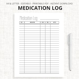 Printable Medication Log, Medication Chart, Medicine List, Medicine Tracker, Nursing Student Caregiver Log Medicine Dosage Tracker, Editable