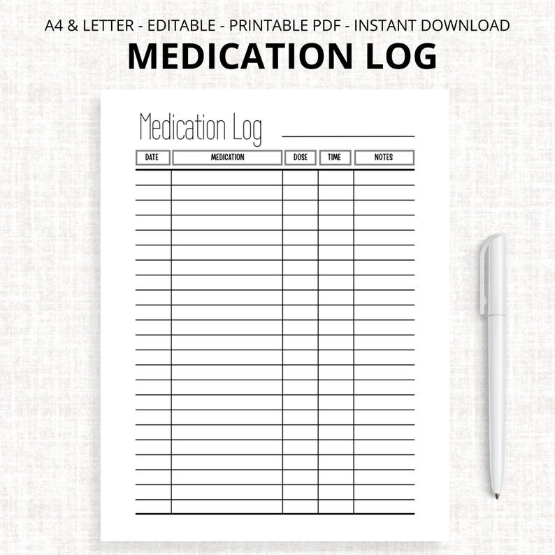 Printable Medication Log: Medicine Tracker, A4 & US Letter (digital ...