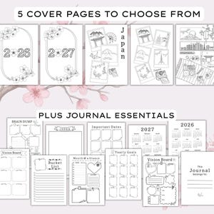 Op de afbeelding: Een verzameling printbare journal-pagina's met vijf omslagontwerpen met Japanse illustraties en de jaartallen 2026 en 2027. De set bevat essenti&euml;le planningssjablonen zoals een brain dump, index, belangrijke data, jaarlijkse doelen, vision boards, een bucketlist en een maandkalenderoverzicht.