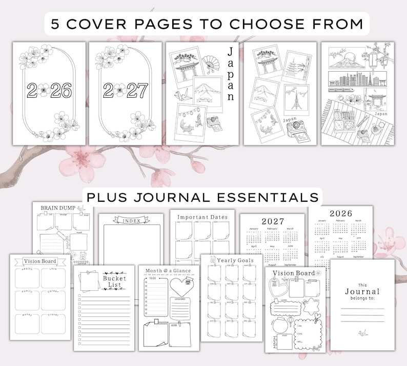 Op de afbeelding: Een verzameling printbare journal-pagina's met vijf omslagontwerpen met Japanse illustraties en de jaartallen 2026 en 2027. De set bevat essenti&euml;le planningssjablonen zoals een brain dump, index, belangrijke data, jaarlijkse doelen, vision boards, een bucketlist en een maandkalenderoverzicht.