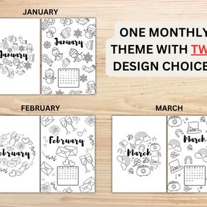 May include: Black and white coloring pages for January, February, and March. Each month has two design choices. January features snowmen and snowflakes. February has hearts and champagne glasses. March includes rainbows and shamrocks.