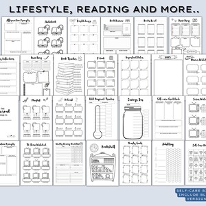 May include: Black and white journal pages with various layouts for journaling, including sections for affirmations, book reviews, and self-care. The journal includes the text "LIFESTYLE, READING AND MORE.." and "SELF-CARE BINGO INCLUDE BLANK VERSION."