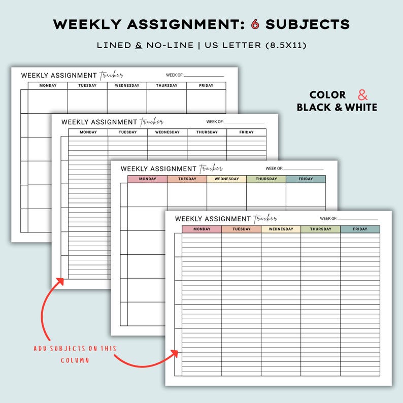 Weekly Assignment Tracker Printable, Homeschool Planner, Student ...