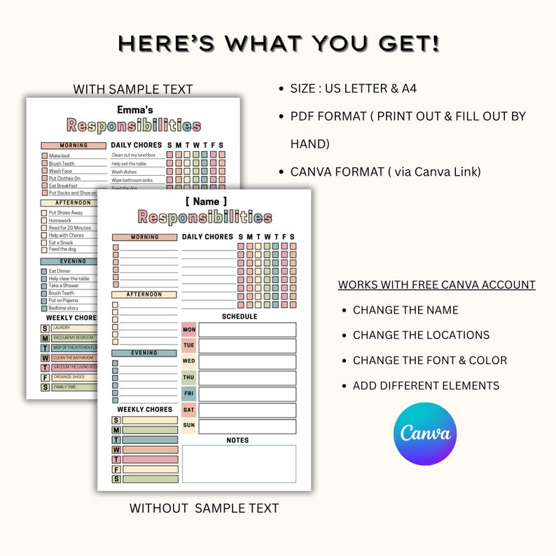 Editable Responsibility Checklist Kids Teens Tweens Preteens Daily and