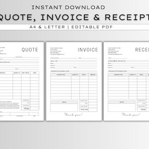 Może przedstawiać: Cyfrowe pobieranie z edytowalnymi szablonami PDF dla ofert, faktur i paragonów. Projekt zawiera sekcje na dane firmy, informacje o kliencie, opisy produktów i sumy. Wyświetlany jest tekst "NATYCHMIASTOWE POBIERANIE" oraz "OFERTA, FAKTURA I PARAGON".