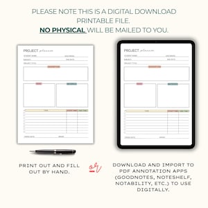 May include: A digital project planner displayed on a white paper and a tablet. The planner includes sections for student name, subject, project title, description, ideas, materials, tasks, start and end times, finish date, and grade. Text on the image reads: "PLEASE NOTE THIS IS A DIGITAL DOWNLOAD PRINTABLE FILE. NO PHYSICAL WILL BE MAILED TO YOU."