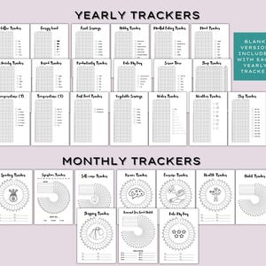 May include: A collection of printable yearly and monthly trackers. Yearly trackers include coffee, energy level, and mood trackers. Monthly trackers include spending, symptoms, and dream trackers. The text "BLANK VERSION INCLUDED WITH EACH YEARLY TRACKER" is visible.