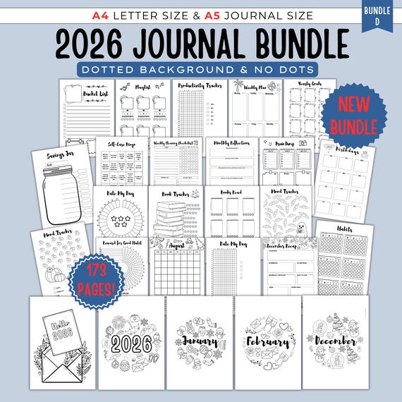 2026 Journal Bundle D - Planner Printable, Premade Bullet Journal Pages, Yearly Monthly Tracker, Habit Mood Tracker, Bujo Pages, Journal Kit