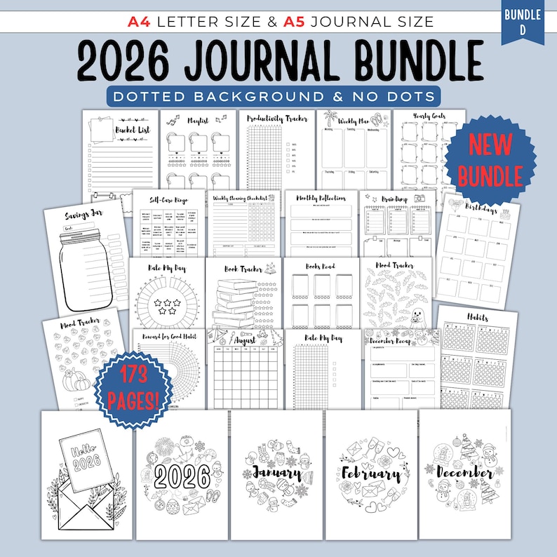 May include: A collection of printable journal pages for 2026, including bucket lists, trackers, and monthly calendars. The bundle includes 173 pages in A4 and A5 sizes, with a dotted background and no dots. The cover pages feature the year 2026 and the months of the year.