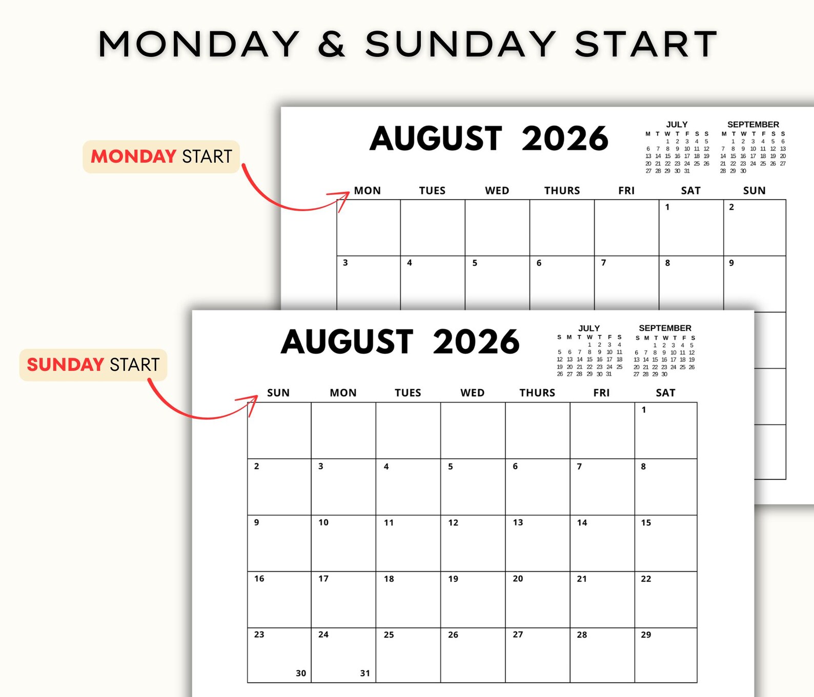 August 2026 Printable Calendar, Minimalist Monthly Planner, Digital