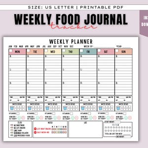 May include: A printable US Letter size weekly food journal with a pink and white design. The journal includes sections for daily meal planning, water intake, vitamins, and notes. The title "WEEKLY FOOD JOURNAL" is at the top.
