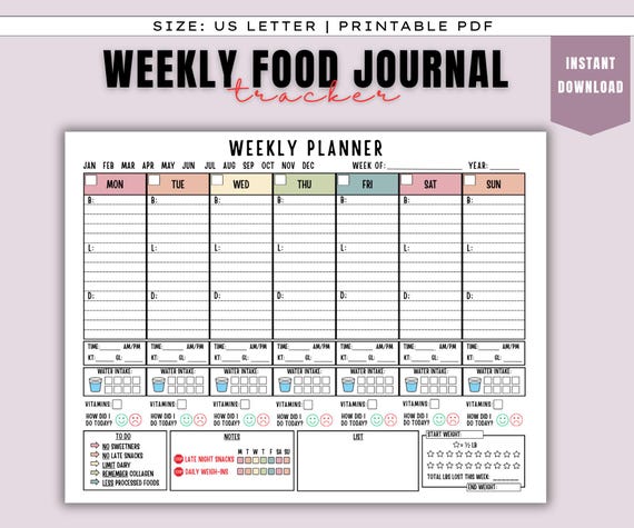 Weekly Food Journal - Keto Diet Tracker, Daily Food Tracker, Food Planner, Ketone and Glucose tracker, Water Log, Weight Loss Tracker, PDF