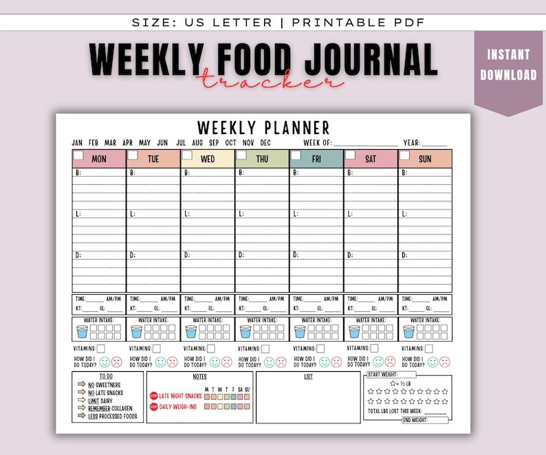 May include: A printable US Letter size weekly food journal with a pink and white design. The journal includes sections for daily meal planning, water intake, vitamins, and notes. The title "WEEKLY FOOD JOURNAL" is at the top.