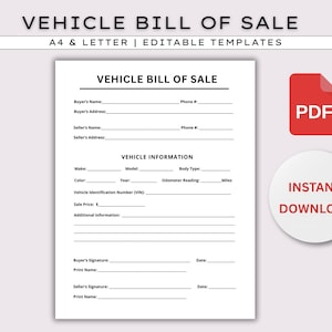 Vehicle Bill of Sale, Printable Motor Vehicle Sale Contract, Vehicle Bill of Sale Template, Bill of Sale Form. Instant Download, PDF