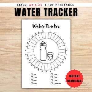 Op de afbeelding: Een zwart-wit afdrukbare watertracker met de tekst "WATER TRACKER" bovenaan. Het ontwerp bevat een cirkelvormige grafiek met nummers, een waterfles en een glas. De onderkant heeft selectievakjes voor het bijhouden van de waterinname.