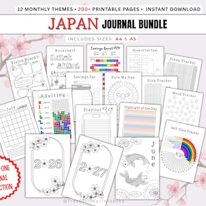 May include: A Japan journal bundle featuring over 200 printable pages in A4 and A5 sizes. The collection includes various trackers for savings, sleep, steps, mood, and self-care, alongside monthly calendars, vision boards, and themed activity sheets.