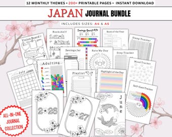 Japan Journal Bundle - 200+ Printable planner Pages, Habit & Mood Trackers, Yearly Trackers, Reading Logs, Digital Planners,  A4 and A5 PDF