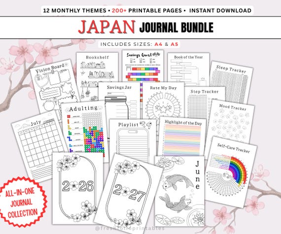 Japan Journal Bundle - 200+ Printable planner Pages, Habit & Mood Trackers, Yearly Trackers, Reading Logs, Digital Planners,  A4 and A5 PDF