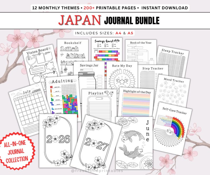 Op de afbeelding: Een Japan journal bundel met meer dan 200 printbare pagina's in A4 en A5 formaat. De collectie bevat diverse trackers voor sparen, slaap, stappen, stemming en zelfzorg, naast maandkalenders, vision boards en thematische activiteitenbladen.