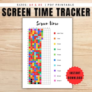 Könnte beinhalten: Ein druckbares Bildschirmzeit-Tracker-Dokument mit dem Text "SCREEN TIME TRACKER" und "Screen time" oben. Es enthält ein Raster mit Monaten und Tagen sowie eine farbcodierte Legende von Rot bis Pink, die Stunden von unter 1 bis 8+ anzeigt.