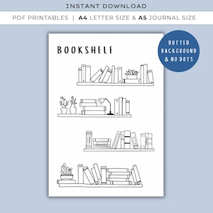 Puede incluir: Dibujo lineal en blanco y negro de una estantería con múltiples estantes llenos de libros, plantas y una lámpara de escritorio. El texto "BOOKSHELF" está en la parte superior, con "INSTANT DOWNLOAD" y detalles de tamaño. Un círculo azul dice "DOTTED BACKGROUND & NO DOTS".