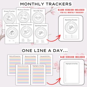 Op de afbeelding: Een verzameling printbare plannerpagina's met Monthly Trackers met cirkelvormige grafieken voor dromen, workouts, beoordelingen, winkelen, gezondheid en uitgaven, plus One Line a Day-pagina's met pastelkleurige horizontale lijnen voor dagelijkse notities.