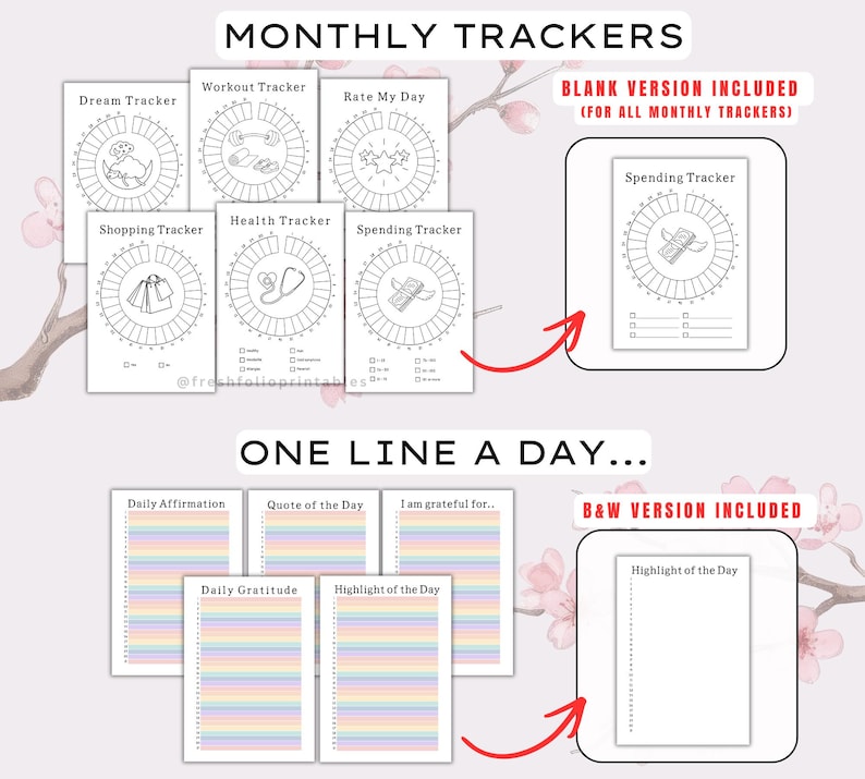 Op de afbeelding: Een verzameling printbare plannerpagina's met Monthly Trackers met cirkelvormige grafieken voor dromen, workouts, beoordelingen, winkelen, gezondheid en uitgaven, plus One Line a Day-pagina's met pastelkleurige horizontale lijnen voor dagelijkse notities.