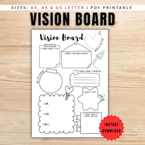 May include: A black and white printable vision board with various sections for goal setting, including areas for things to try, things to love, and a quote. The words "Vision Board" are at the top. A red starburst graphic says "Instant Download".