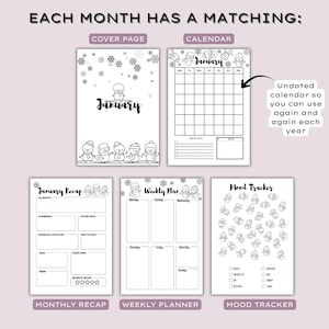 May include: A collection of undated planner pages with a winter theme. The pages include a cover page, calendar, monthly recap, weekly planner, and mood tracker. Each page features snowman illustrations and the word "January".