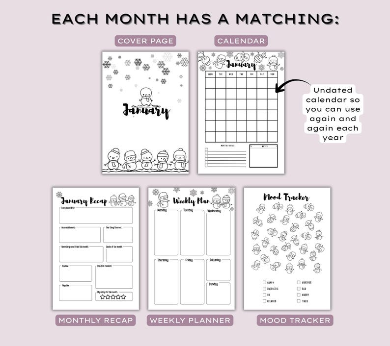 May include: A collection of undated planner pages with a winter theme. The pages include a cover page, calendar, monthly recap, weekly planner, and mood tracker. Each page features snowman illustrations and the word "January".