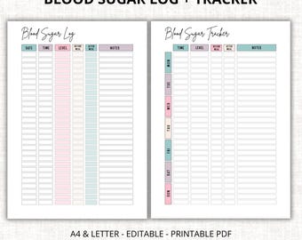 Blood Sugar Log Editable Template Printable Blood Glucose Tracker, Diabetic Blood Sugar Tracker, Diabetes Log, Health Tracker, Caregiver log