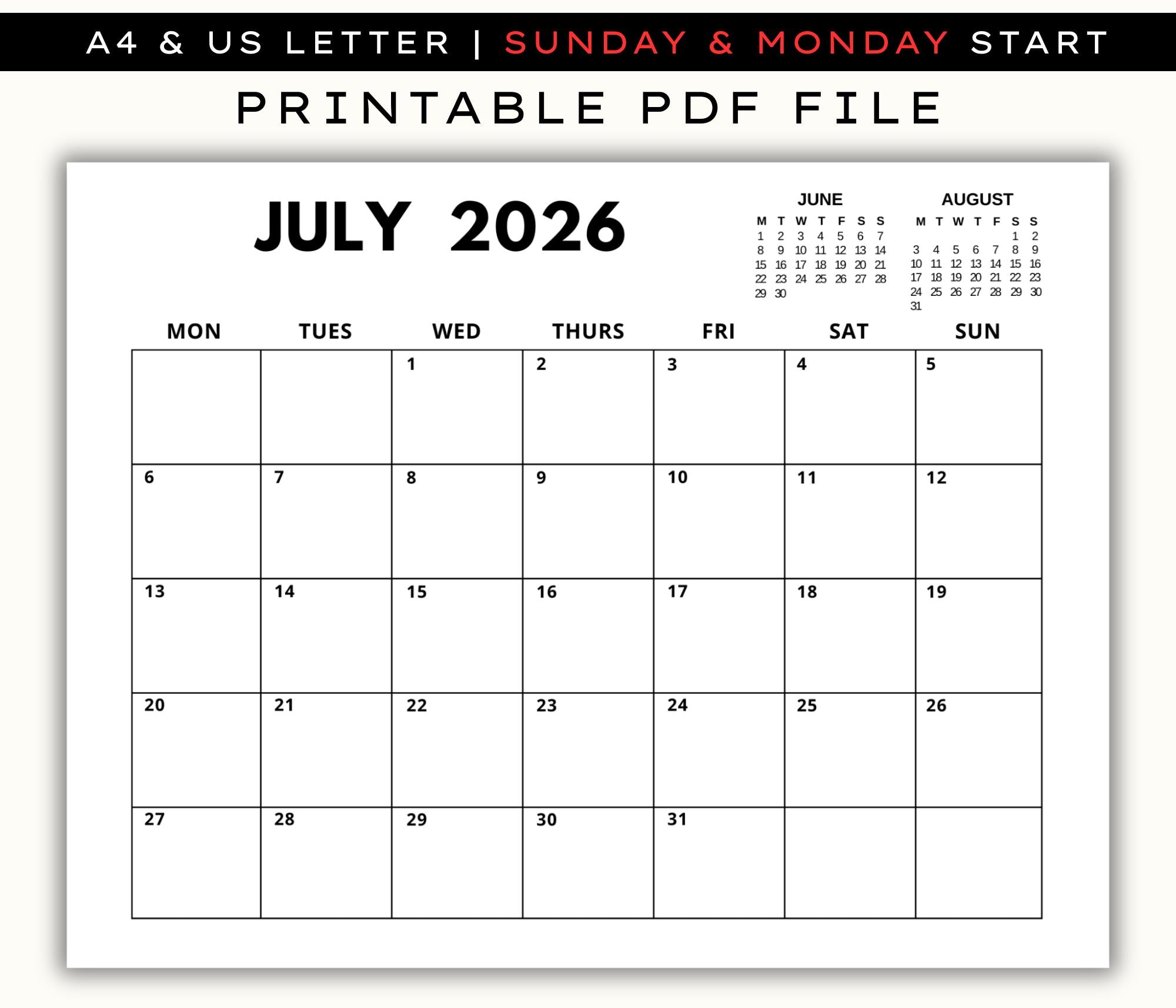 July 2026 Printable Calendar, Minimalist Monthly Planner, Digital