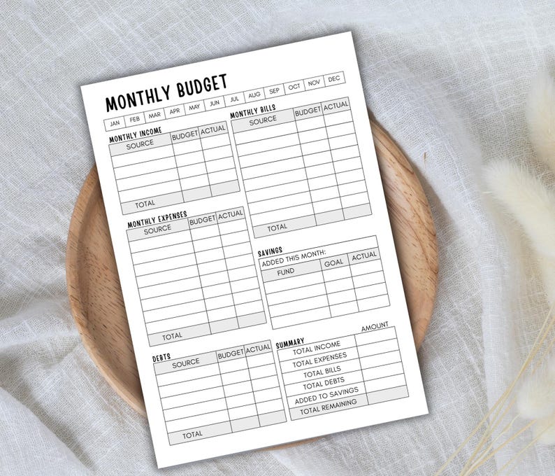 May include: A white printed "MONTHLY BUDGET" planner sheet with sections for income, expenses, bills, and savings. The planner includes spaces for budget and actual amounts, with a summary section at the bottom. The sheet is on a wooden plate.