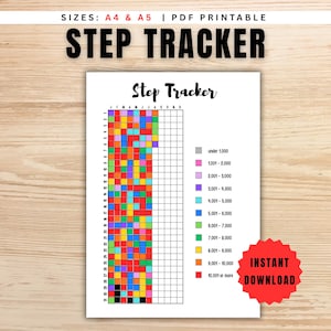 May include: A printable step tracker with a colorful grid for tracking daily steps. The tracker includes a legend with color-coded step ranges and the text "Step Tracker" at the top. The image also includes the text "Instant Download".