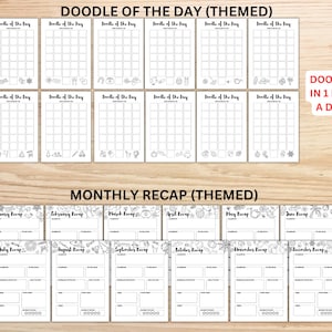 May include: A collection of themed doodle and monthly recap pages. The top section shows multiple "Doodle of the Day" pages with a grid layout and themed illustrations. The bottom section displays monthly recap pages with space for notes. Text includes "Doodle in 1 Box A Day".