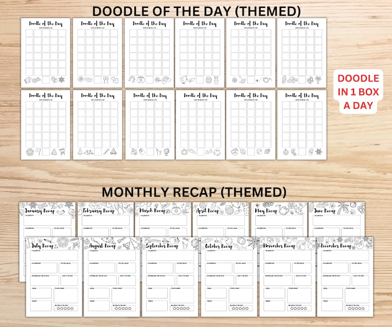 May include: A collection of themed doodle and monthly recap pages. The top section shows multiple "Doodle of the Day" pages with a grid layout and themed illustrations. The bottom section displays monthly recap pages with space for notes. Text includes "Doodle in 1 Box A Day".