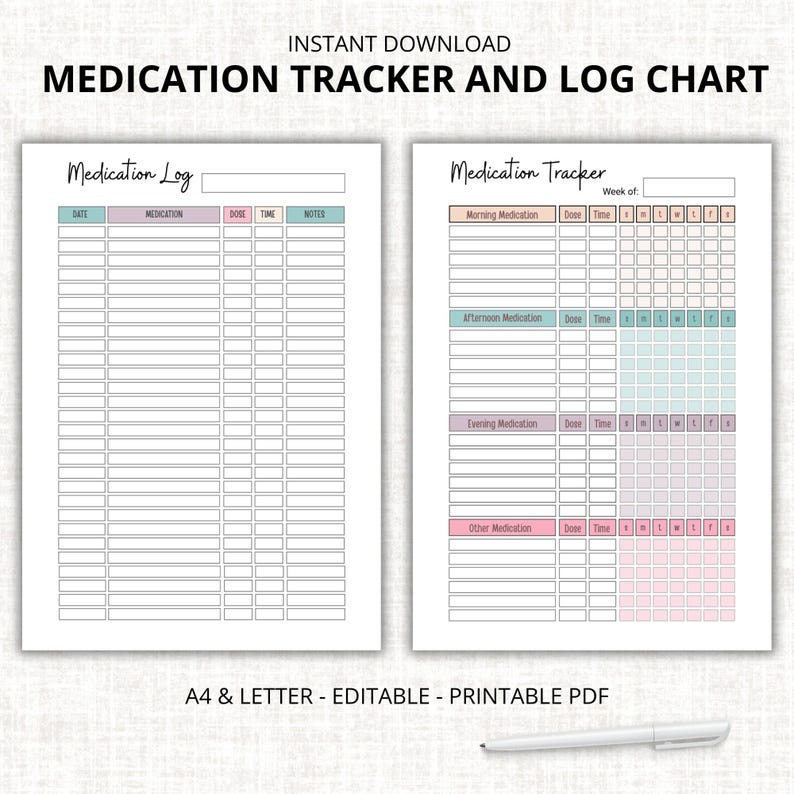 May include: Printable medication tracker and log chart with a pink, blue, and green color scheme. The chart includes sections for morning, afternoon, evening, and other medications. The log chart includes sections for date, medication, dose, time, and notes.