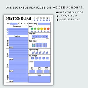 May include: A printable daily food journal with blue highlighted fillable areas. The journal includes sections for meals, goals, mood, stress level, water intake, and exercise. Text on the journal includes "Daily Food Journal" and "Editable PDF Included".