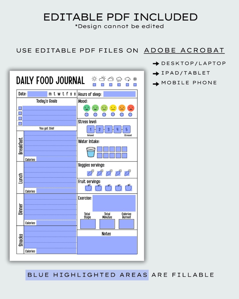 May include: A printable daily food journal with blue highlighted fillable areas. The journal includes sections for meals, goals, mood, stress level, water intake, and exercise. Text on the journal includes "Daily Food Journal" and "Editable PDF Included".