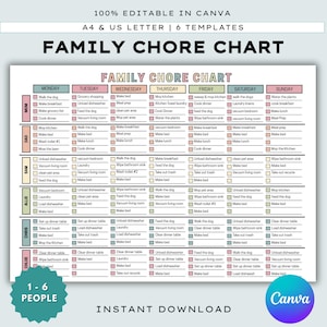May include: A colourful, printable family chore chart. The chart displays daily tasks for each family member, with the text "FAMILY CHORE CHART" at the top. The chart is designed for 1-6 people and is instantly downloadable.