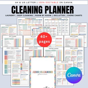ADHD Cleaning Planner Bundle: Editable Chore Charts, Cleaning Checklists, Schedules, Cards, Declutter Challenge, Digital Download, Canva