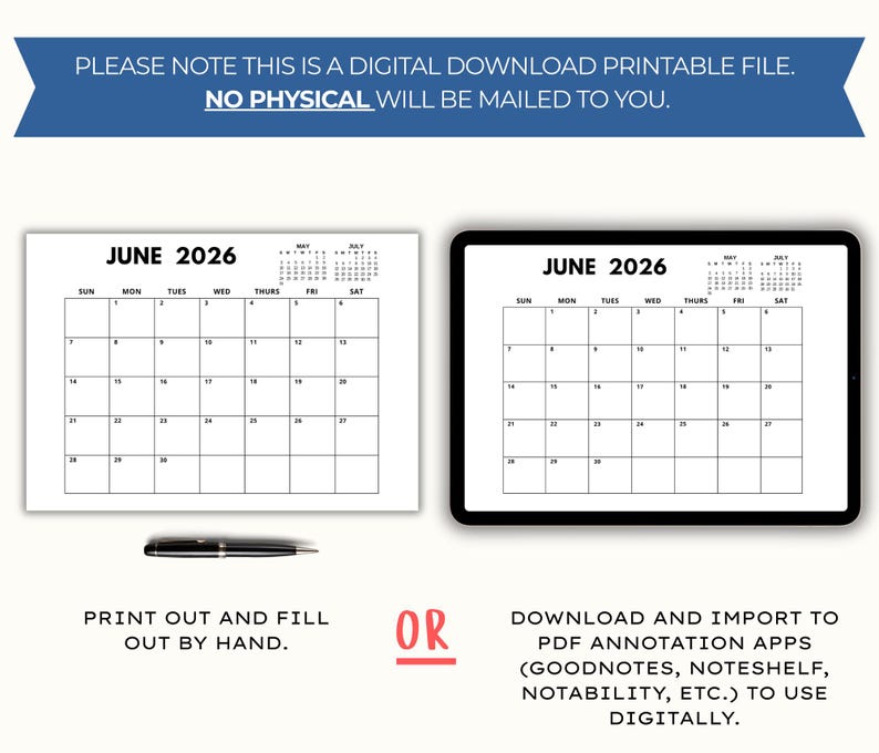 June 2026 Printable Calendar, Minimalist Monthly Planner, Digital ...