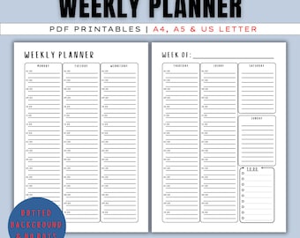以下が含まれることがあります： 上部に「WEEKLY PLANNER」という文字が入った、白黒の週間プランナー。プランナーには、各曜日のセクション、時間枠、および「TO DO」リストが含まれています。「PDF PRINTABLES | A4, A5 & US LETTER」という文字も表示されています。