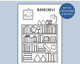 May include: Black and white line art of a bookshelf with books, a globe, a camera, and other decorative items. The word "BOOKSHELF" is at the top. The text "INSTANT DOWNLOAD" and "PDF PRINTABLES | A4 LETTER SIZE & A5 JOURNAL SIZE" are also present.