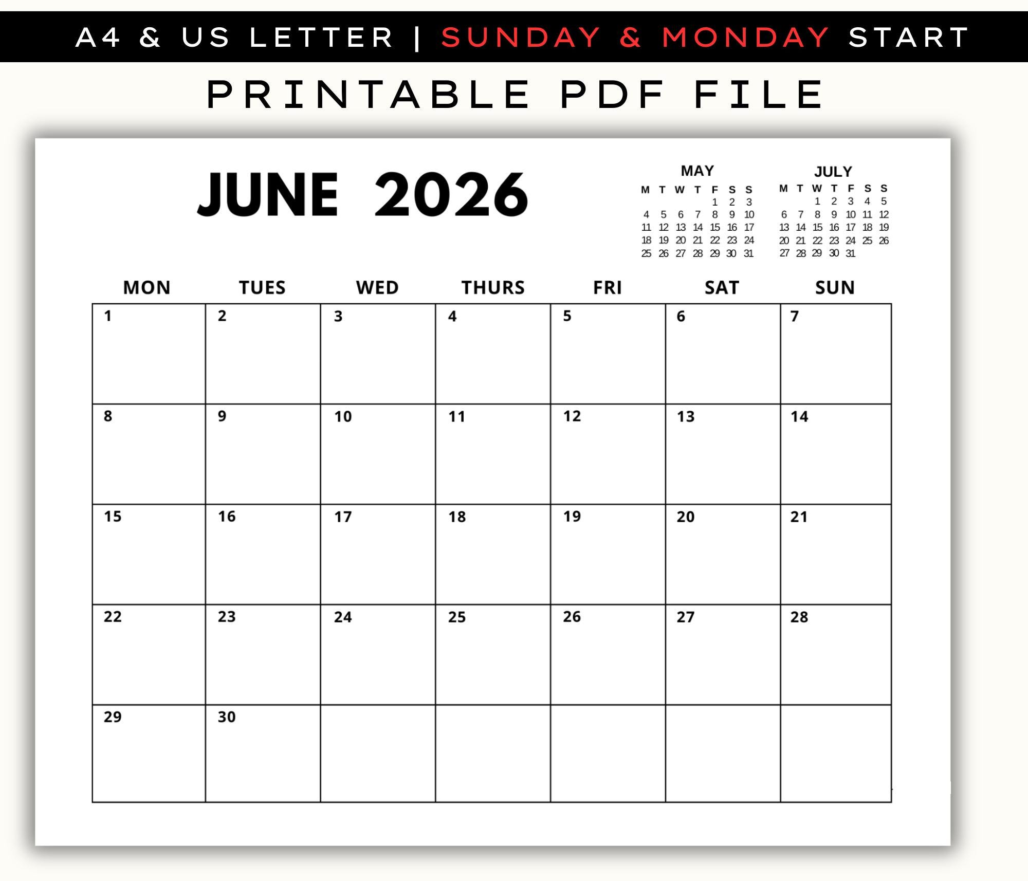June 2026 Printable Calendar, Minimalist Monthly Planner, Digital ...