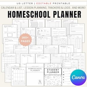 Puede incluir: Un planificador de escuela en casa imprimible con varias páginas para calendarios, planificación de lecciones y rastreadores. El planificador incluye páginas para lluvia de ideas, horarios diarios e informes de proyectos. La portada dice "Homeschool Planner" y "Student Planner".